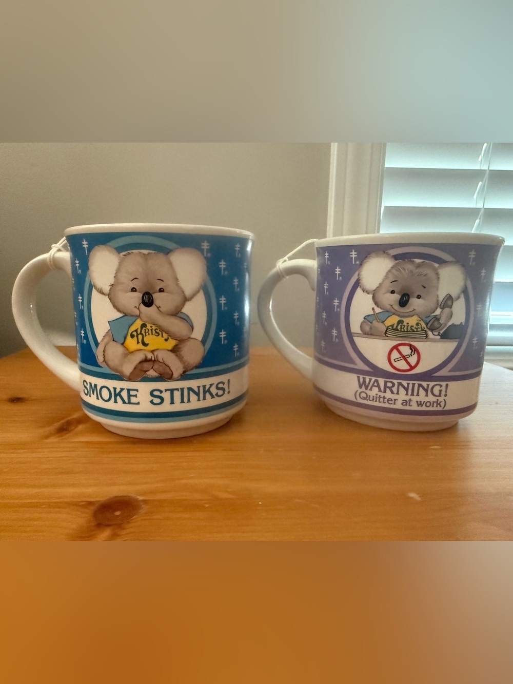 Mattel Blue and Purple Koala Anti-Smoking Mugs